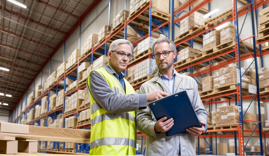 Two men standing inside a warehouse, reviewing paperwork