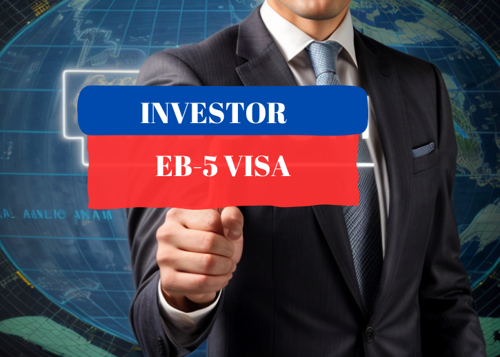 A business man in the foreground pointing to a chart with the text EB5 VISA, with a globe in the background.
