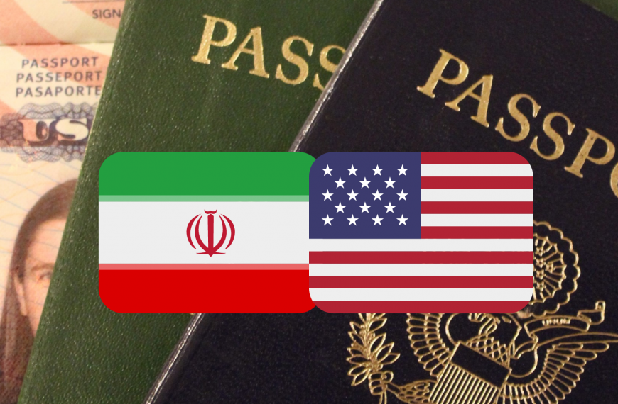 Three passports with the flags of both the United States and Iran.