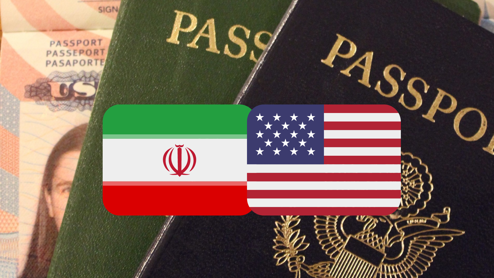 Three passports with the flags of both the United States and Iran.