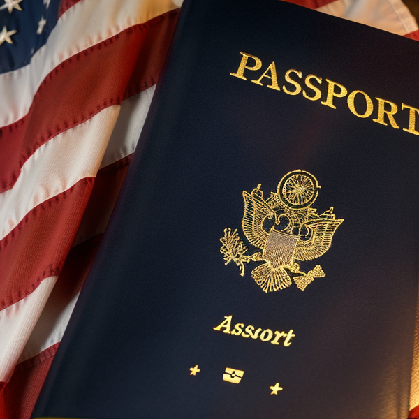 A dark blue passport positioned on top of a US flag.