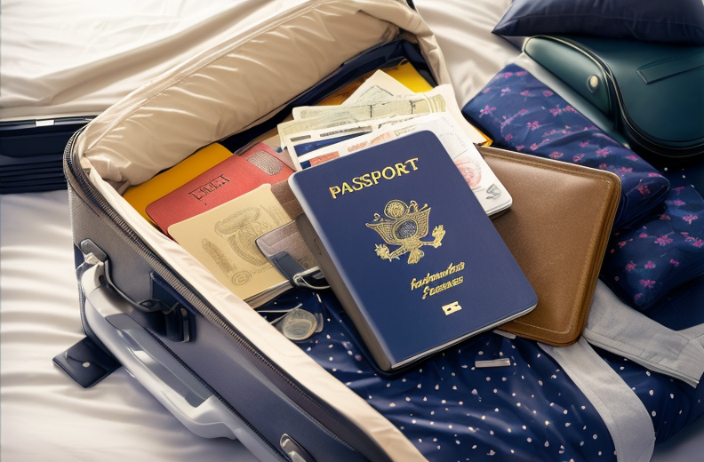 A passport and various documents, along with other items, neatly packed inside a suitcase.
