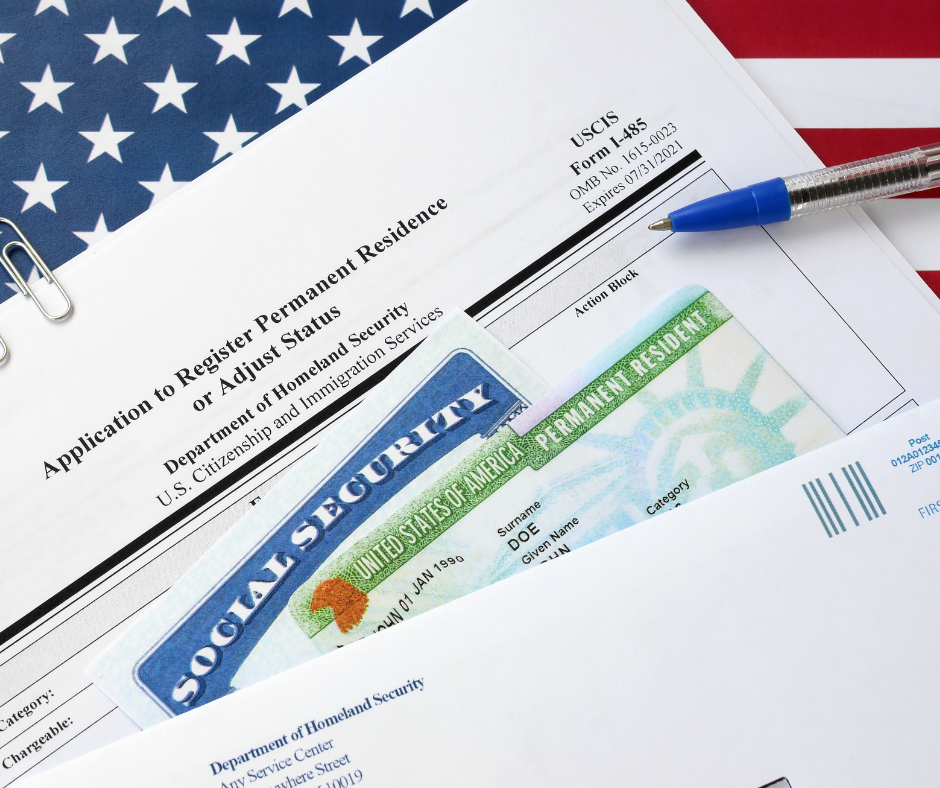 EB5 Visa: Social Security card and Green Card on an I-485 form application, with a portion of the United States flag in the corner.